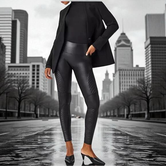 Spanx Moto Faux Leather Leggings Black Size Large - Picture 1 of 11